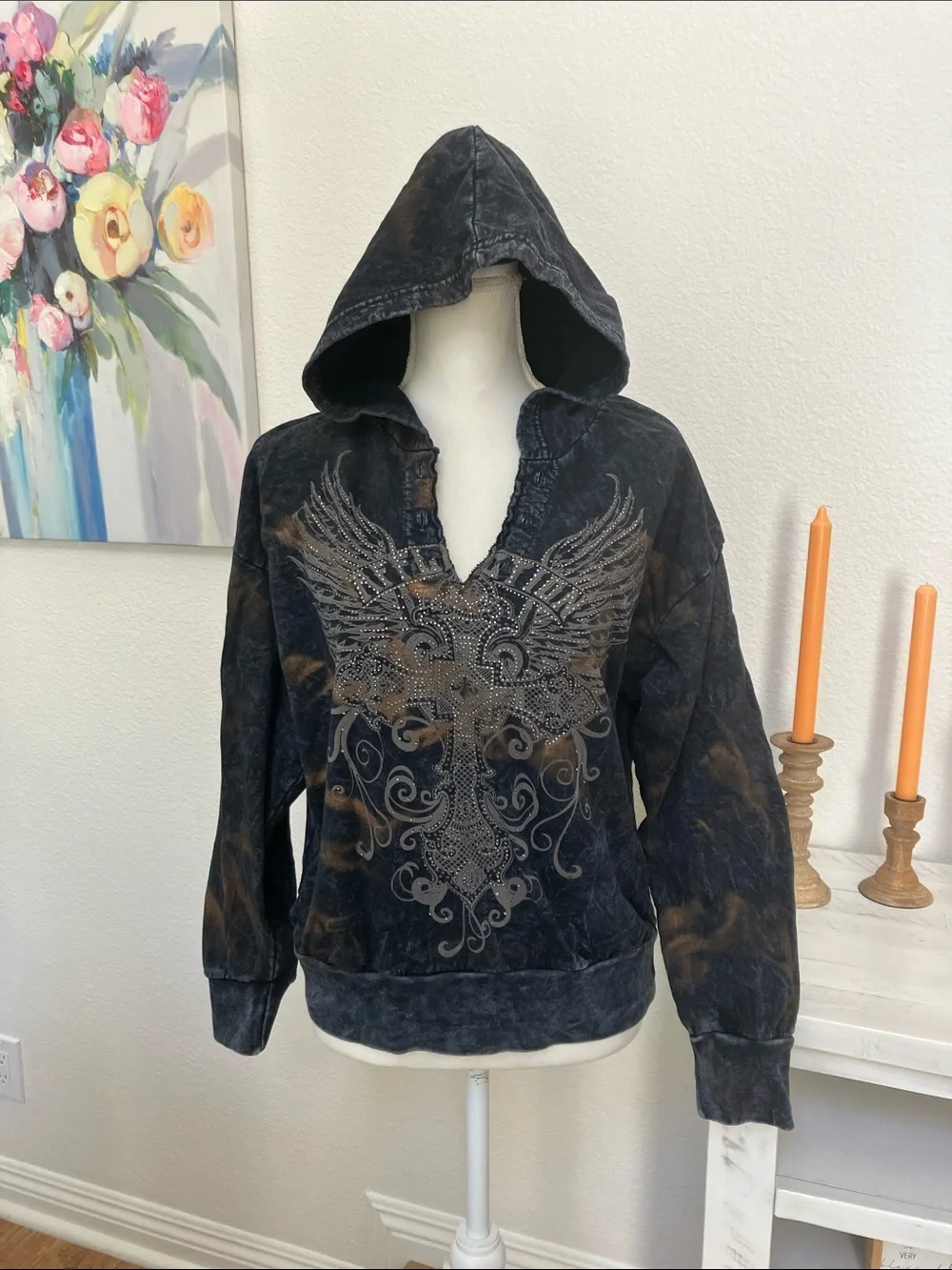Affliction Women’s Black Distressed Hooded Sweatshirt Embellished Wing Design